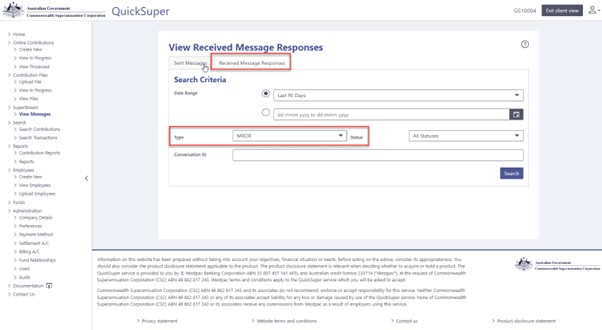Screenshot of received message responses