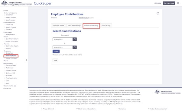 Screenshot of the Employee Contributions tab
